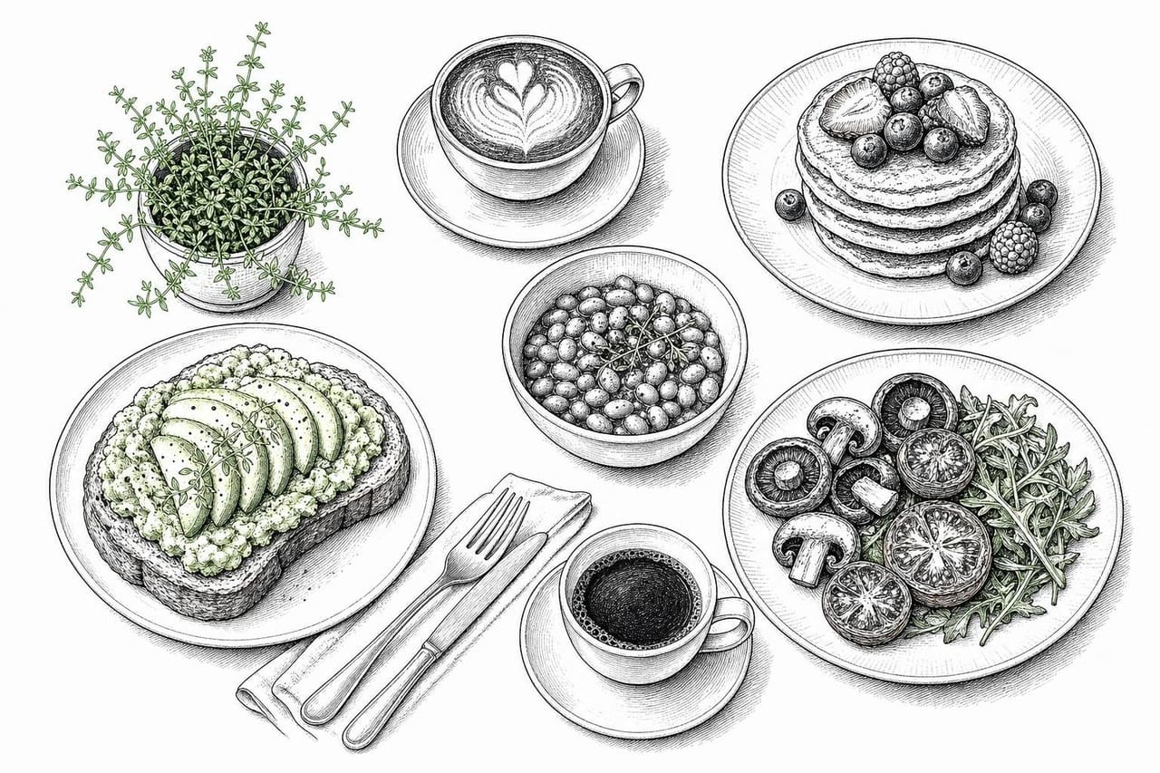 Ink drawing of a plant-based brunch table seen from above, with toast, beans, mushrooms, pancakes and coffee