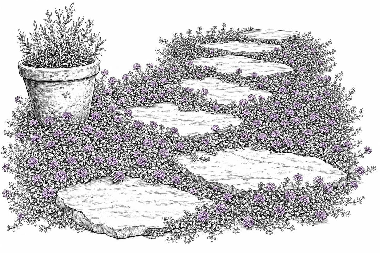 Ink drawing of creeping thyme spreading between flat stepping stones on a garden path