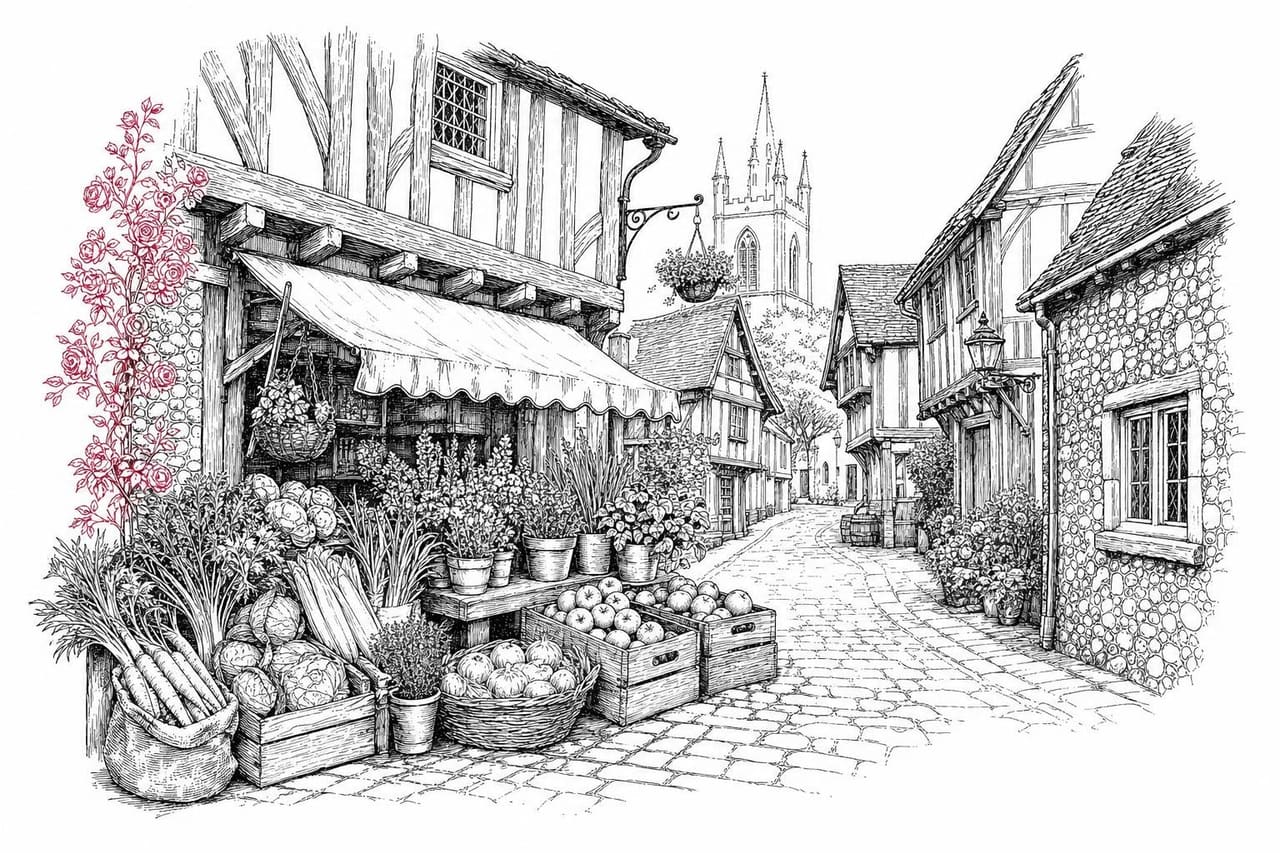 Ink drawing of a narrow old Norwich-style lane with a market stall of vegetables, herbs and apples