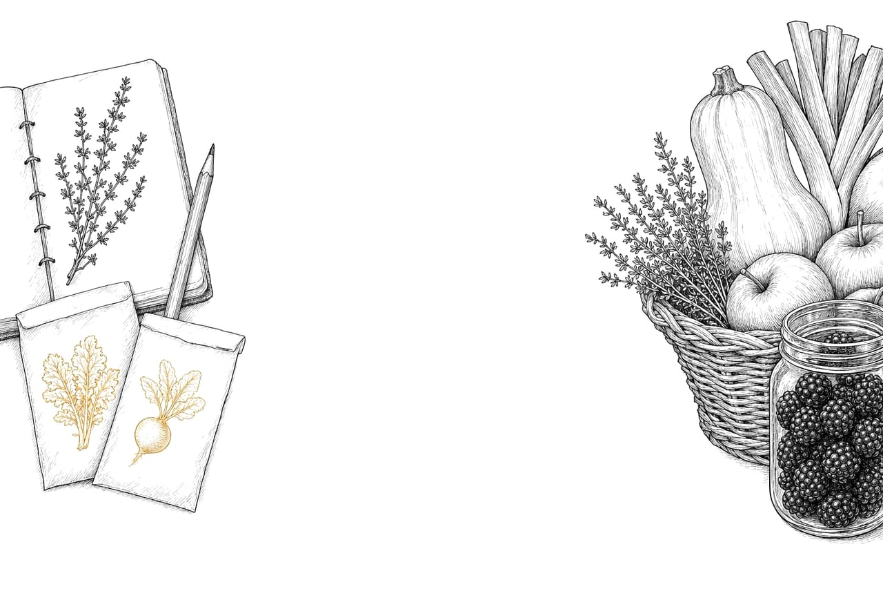 Ink drawing of an open notebook with a pressed thyme sprig, a pencil and seed packets on one side, and a basket of squash, apples, leeks and thyme with a jar of blackberries on the other