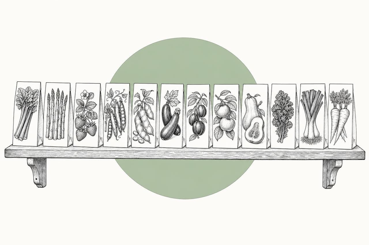 Ink drawing of twelve seed packets on a shelf, each showing a different British crop
