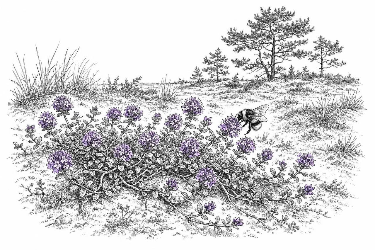Ink drawing of wild thyme growing as a low mat on sandy heathland, with a bumblebee on a flower head